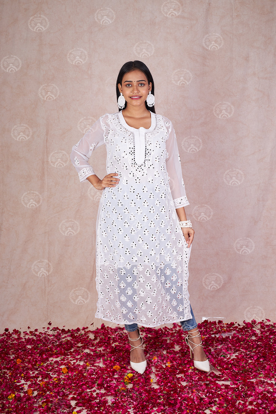 Georgette Chikankari Straight Kurti With Real Pasted Mirror Work & Matching Cotton Inner