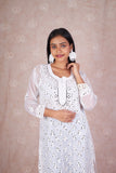 Chikankari White Booti Jaal Straight Kurti With Real Pasted Mirror Work & Matching Cotton Inner