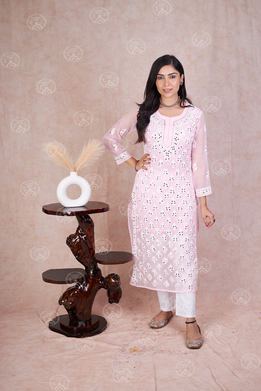 Georgette Chikankari Straight Kurti With Real Pasted Mirror Work & Matching Cotton Inner