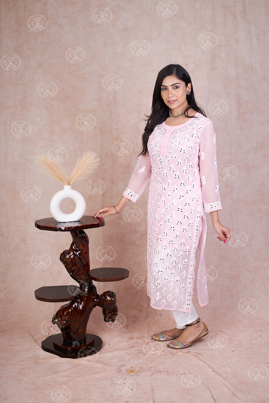 Georgette Chikankari Straight Kurti With Real Pasted Mirror Work & Matching Cotton Inner
