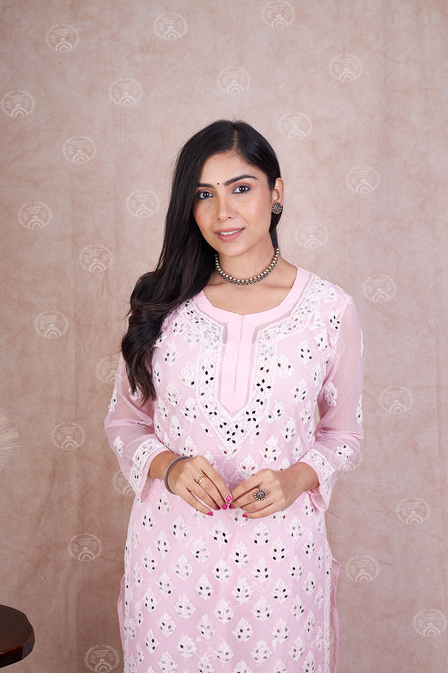 Georgette Chikankari Straight Kurti With Real Pasted Mirror Work & Matching Cotton Inner