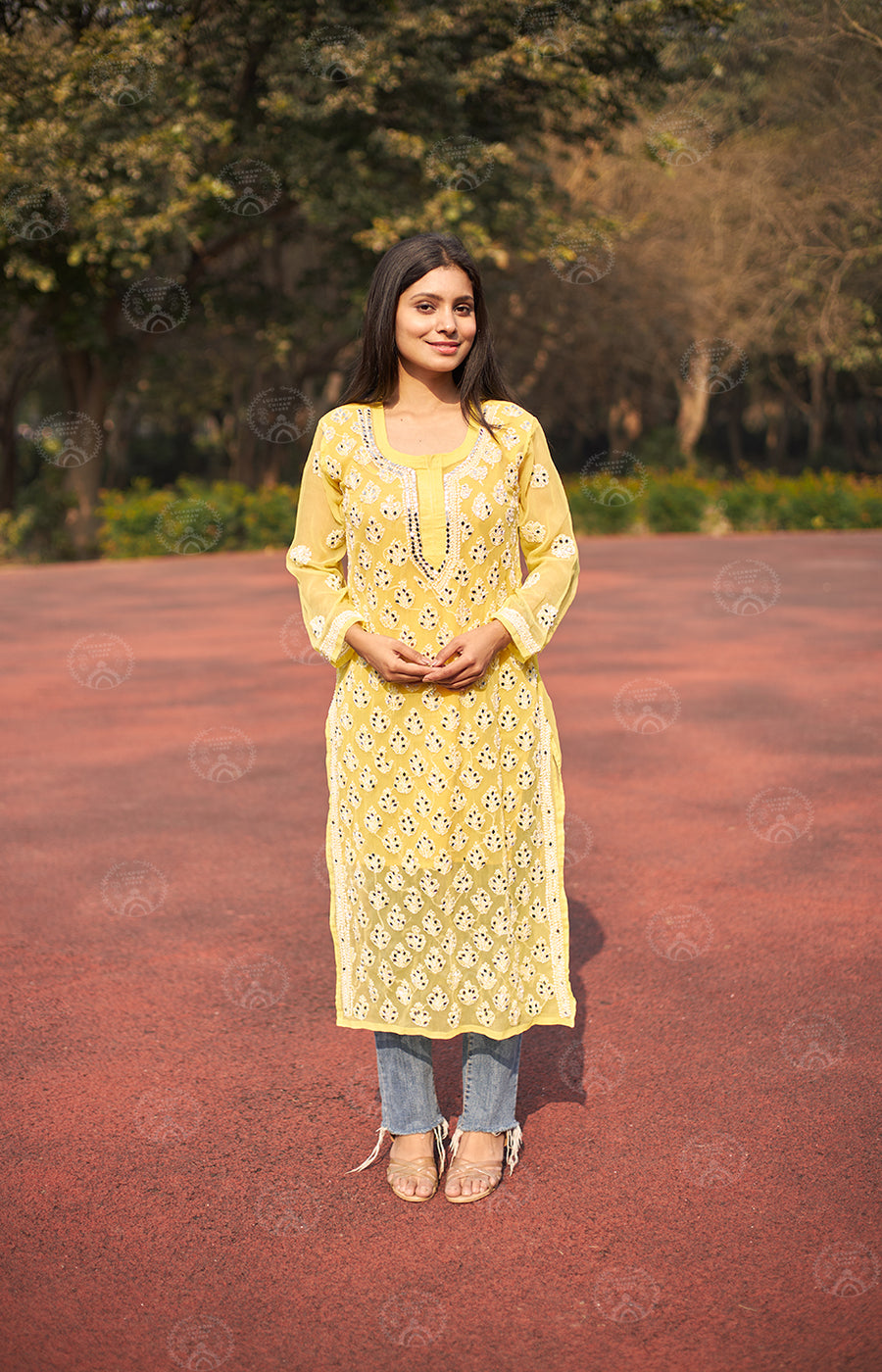 Georgette Chikankari Straight Kurti With Real Pasted Mirror Work & Matching Cotton Inner
