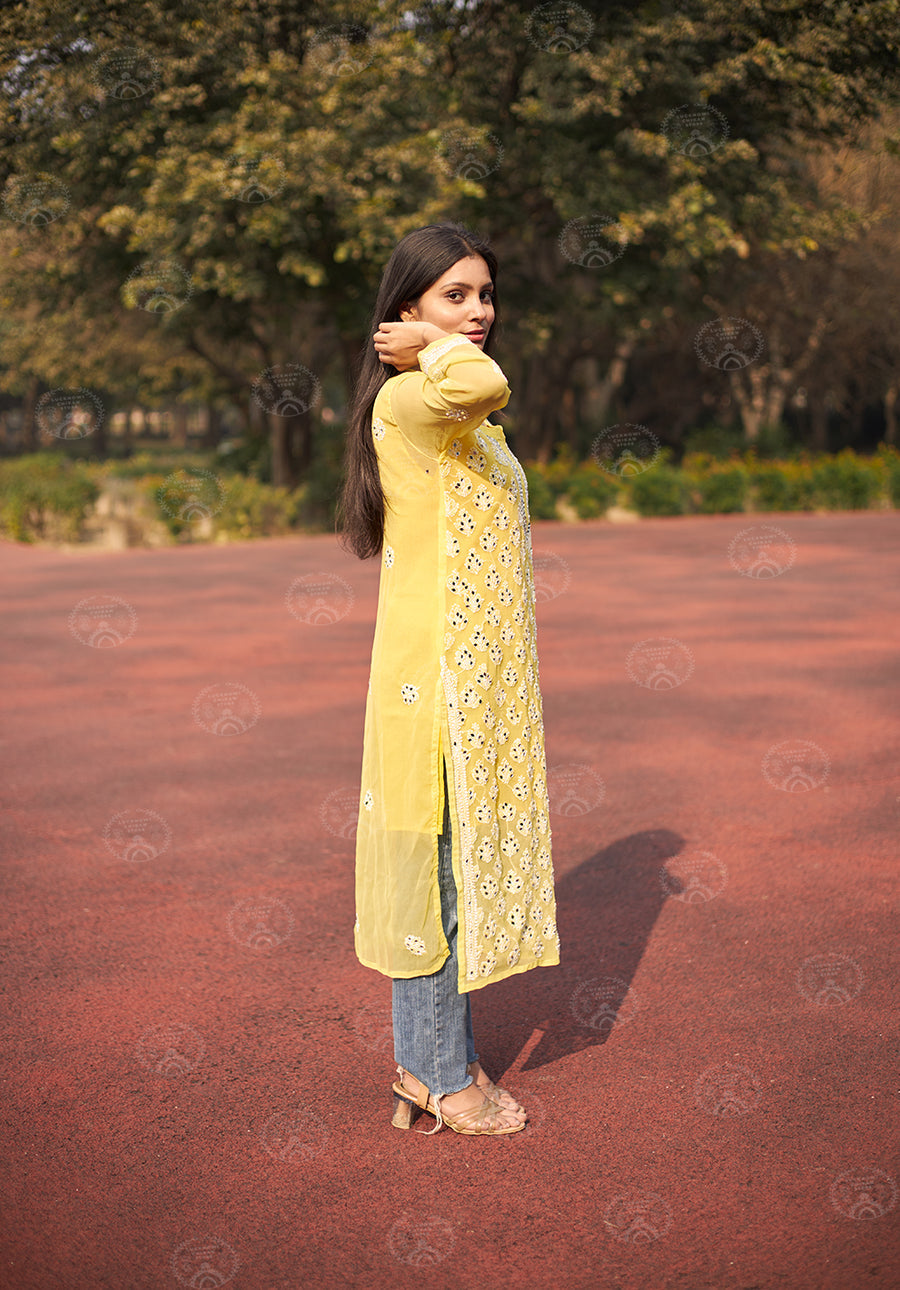Georgette Chikankari Straight Kurti With Real Pasted Mirror Work & Matching Cotton Inner