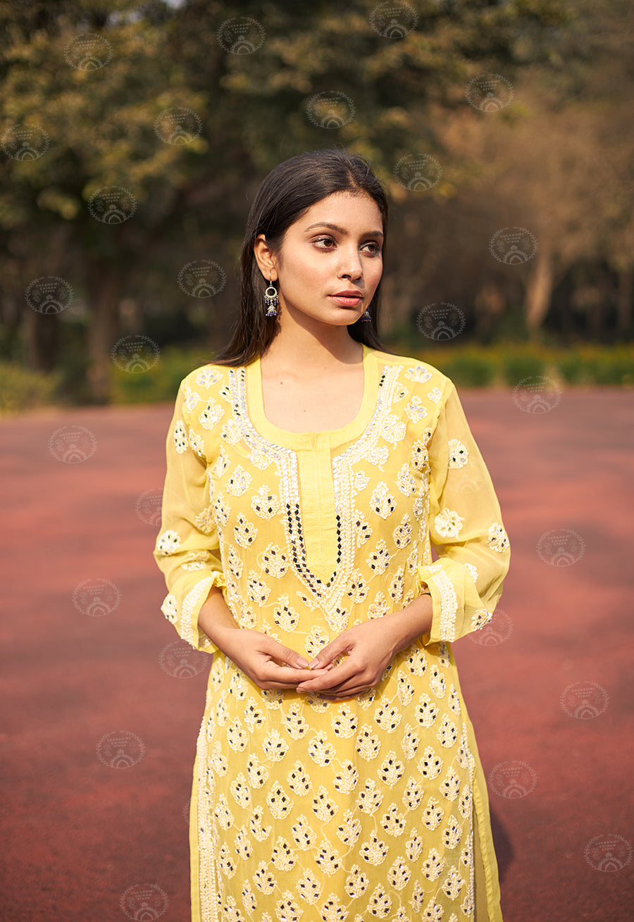 Georgette Chikankari Straight Kurti With Real Pasted Mirror Work & Matching Cotton Inner