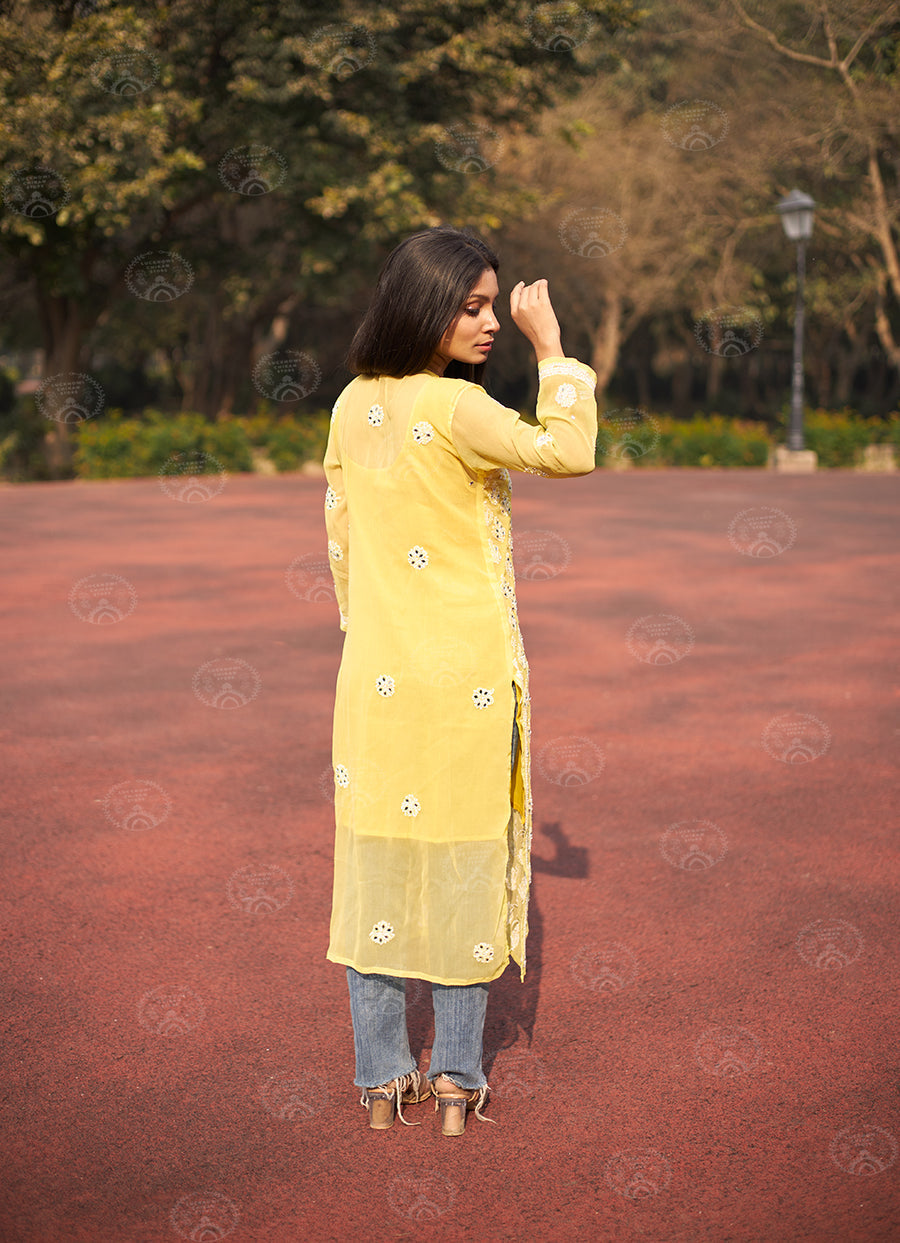 Georgette Chikankari Straight Kurti With Real Pasted Mirror Work & Matching Cotton Inner