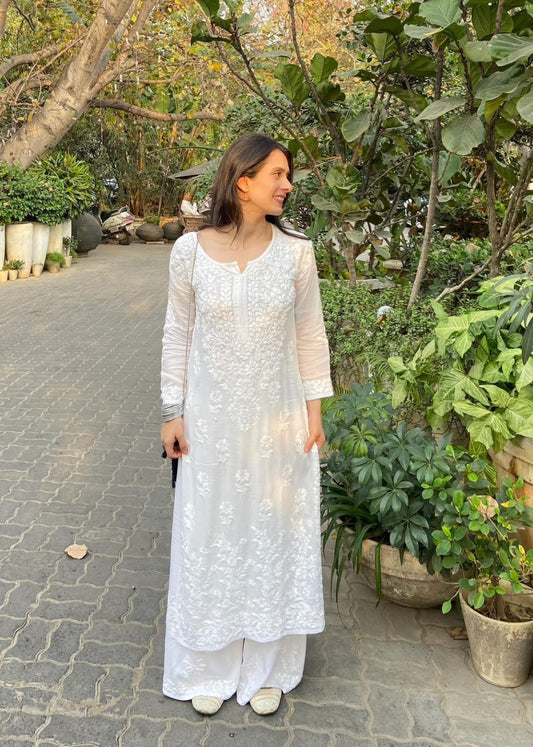 Premium Handwork Chikankari White Modal Kurta, Palazzo, and Dupatta Set