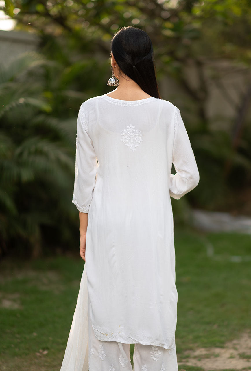 Premium Handwork Chikankari White Modal Kurta, Palazzo, and Dupatta Set