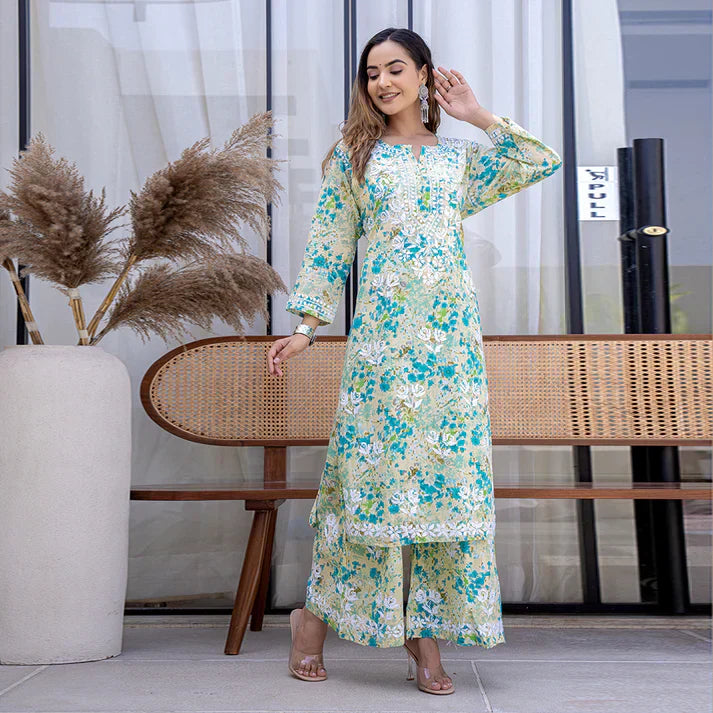 Women's Lucknowi Chikankari Handwork Mulmul Print Kurti & Palazzo Set