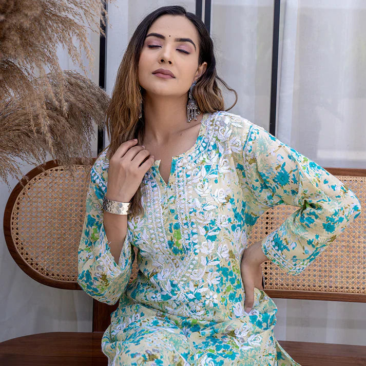 Women's Lucknowi Chikankari Handwork Mulmul Print Kurti & Palazzo Set