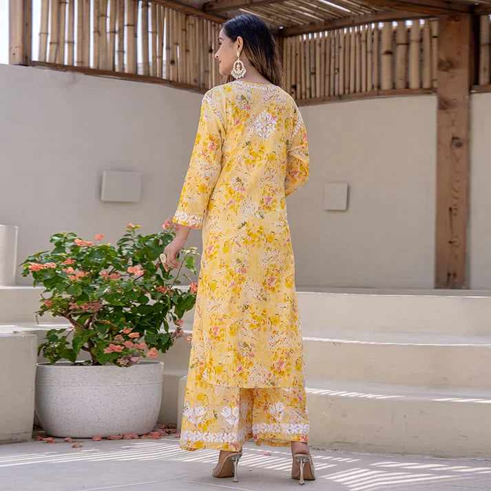 Women's Lucknowi Chikankari Handwork Mulmul Print Kurti & Palazzo Set