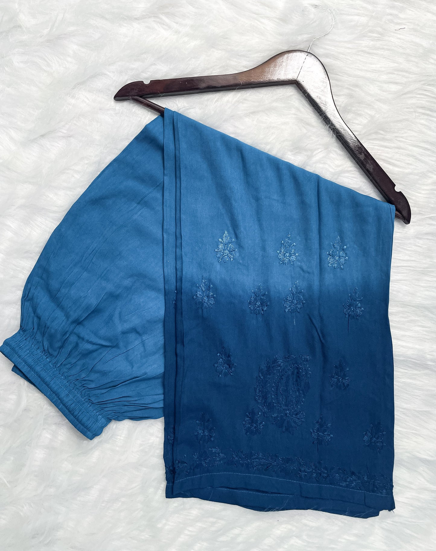 Ombre Dyed Shaded Rayon Lucknowi Chikankari Kurti, Palazzo and Dupatta Set.