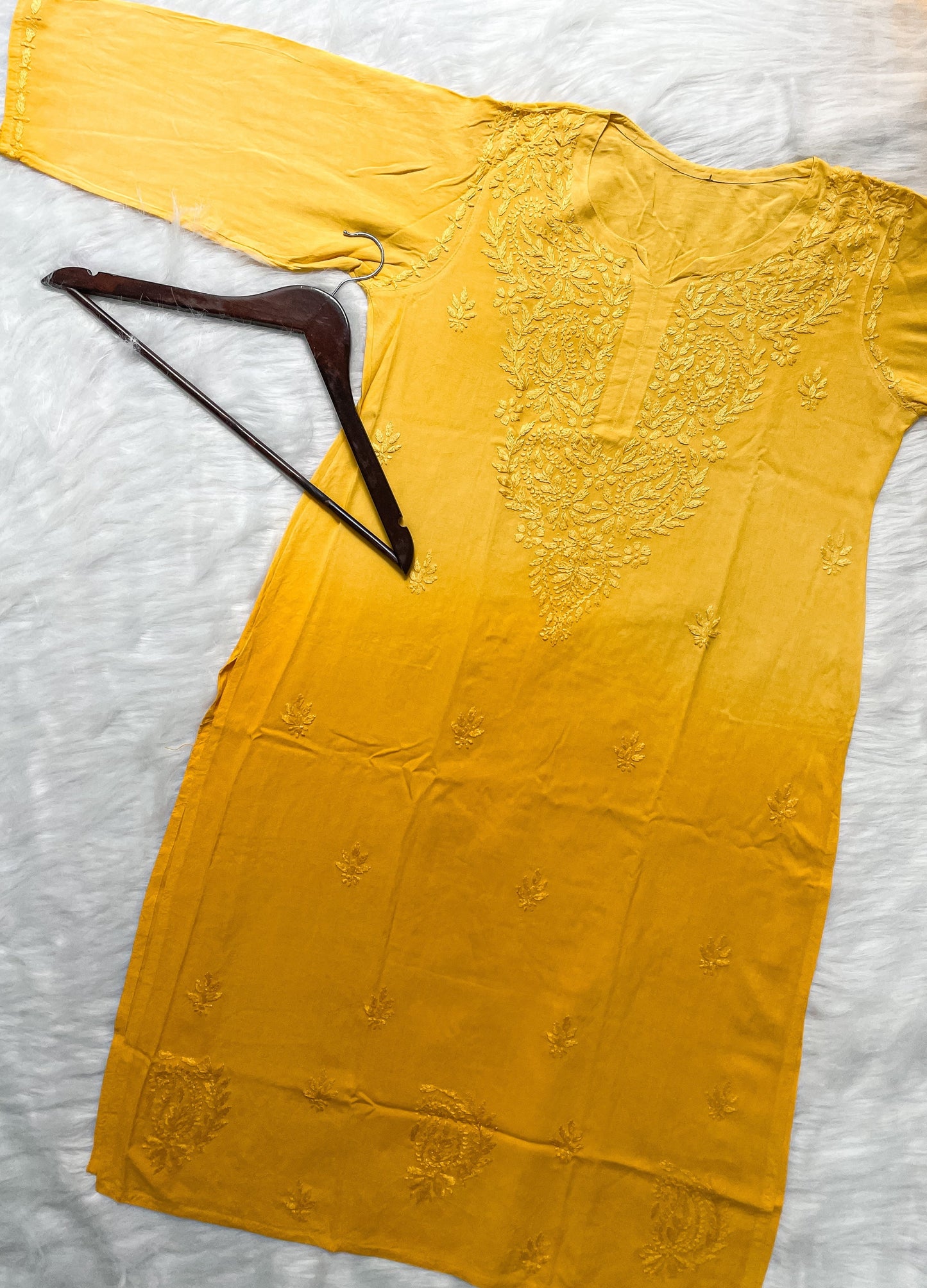 Ombre Dyed Shaded Rayon Lucknowi Chikankari Kurti, Palazzo and Dupatta Set.