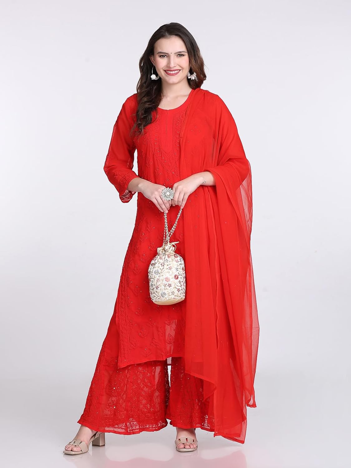 Chiffon Georgette Muquesh Embellishments Straight Kurta, Sharara & Dupatta Set With Matching Cotton inner