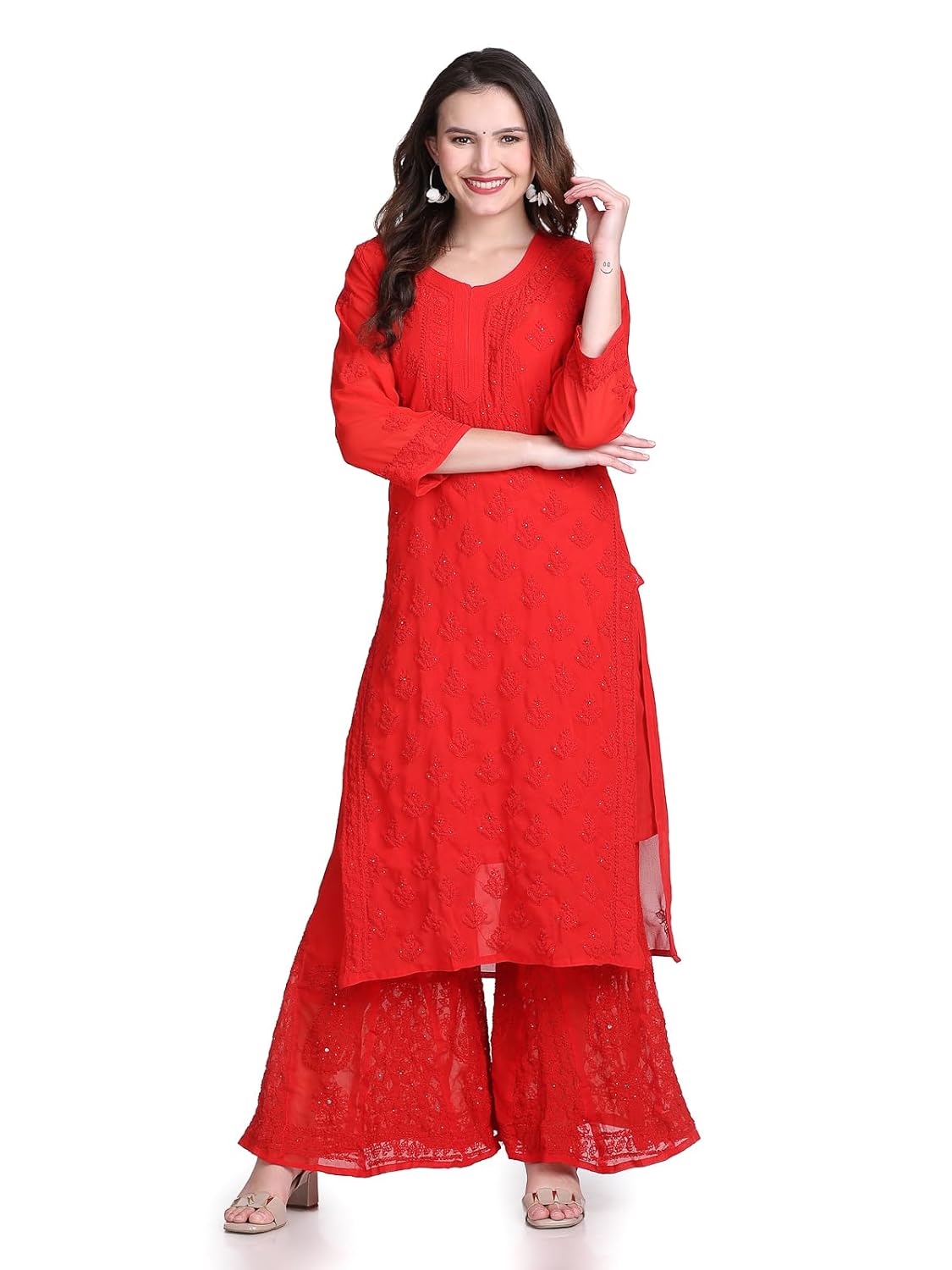 Chiffon Georgette Muquesh Embellishments Straight Kurta, Sharara & Dupatta Set With Matching Cotton inner