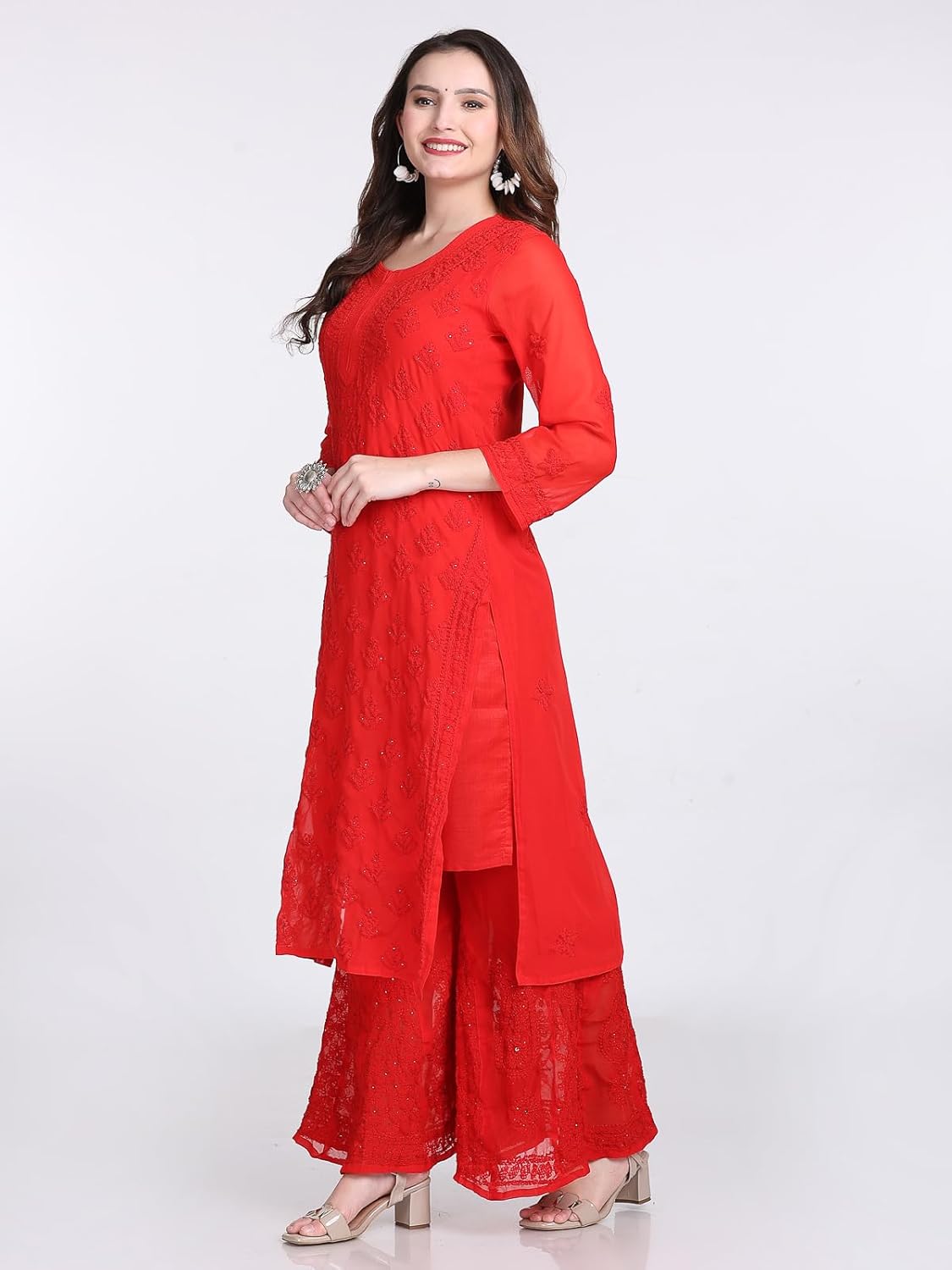 Chiffon Georgette Muquesh Embellishments Straight Kurta, Sharara & Dupatta Set With Matching Cotton inner