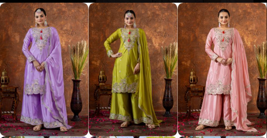 A Collection of three Exquisite Pakistani Salafat Suits in Captivating Colors