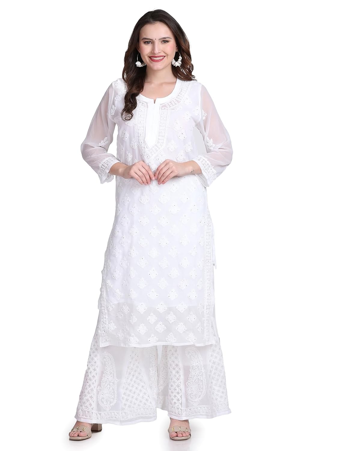 Chiffon Georgette Muquesh Embellishments Straight Kurta, Sharara & Dupatta Set With Matching Cotton inner