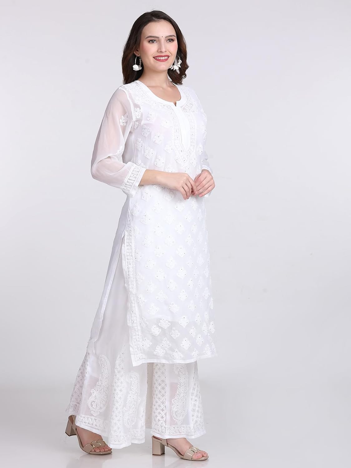 Chiffon Georgette Muquesh Embellishments Straight Kurta, Sharara & Dupatta Set With Matching Cotton inner