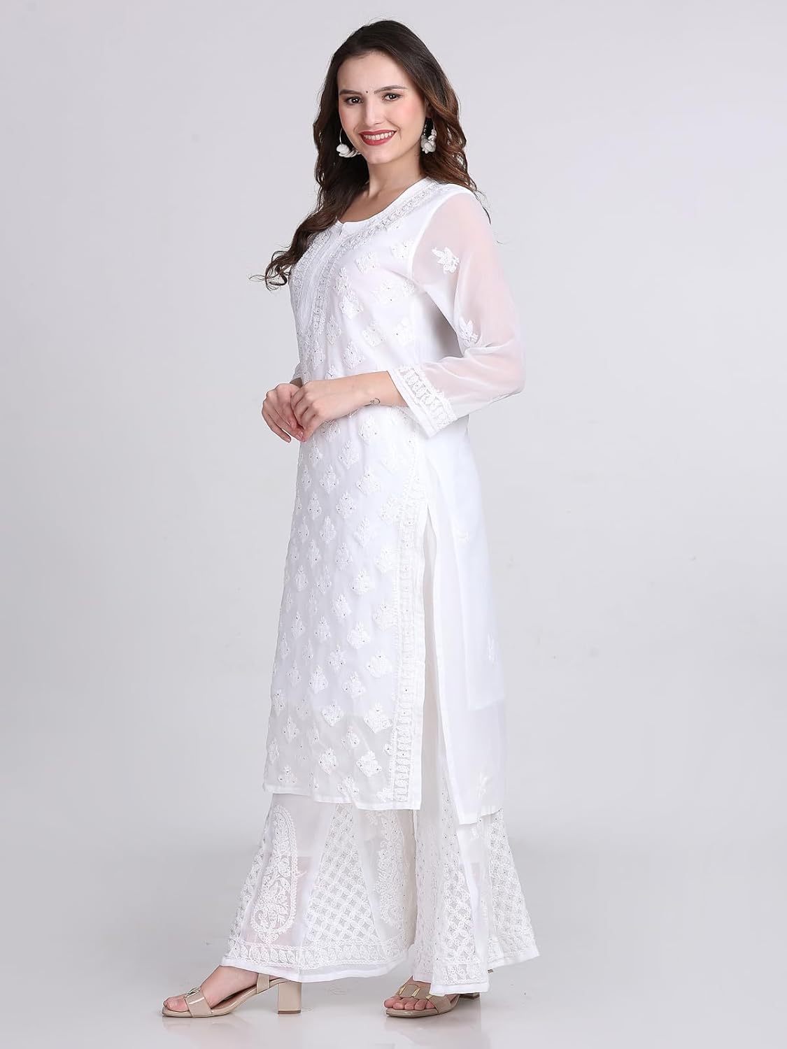 Chiffon Georgette Muquesh Embellishments Straight Kurta, Sharara & Dupatta Set With Matching Cotton inner