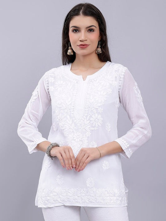Women's Premium White Modal Chikankari Short Kurti