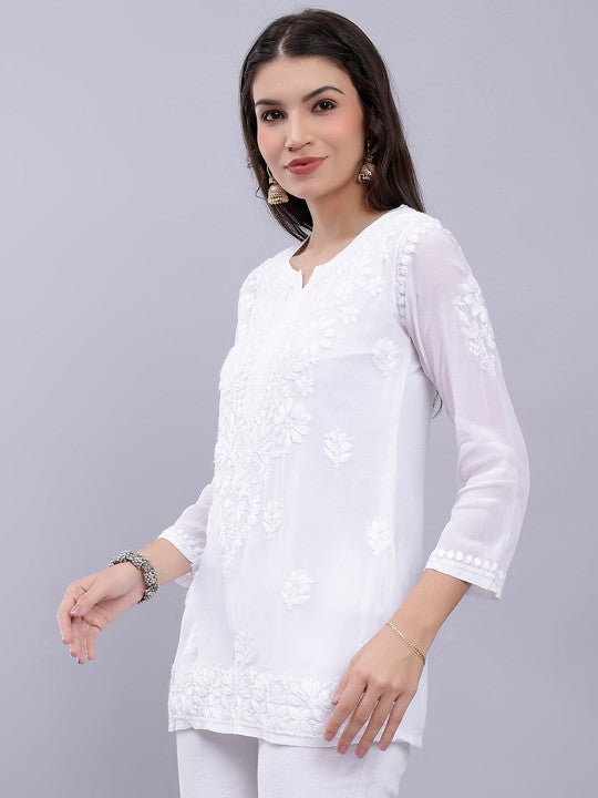 Women's Premium White Modal Chikankari Short Kurti