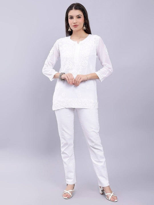 Women's Premium White Modal Chikankari Short Kurti