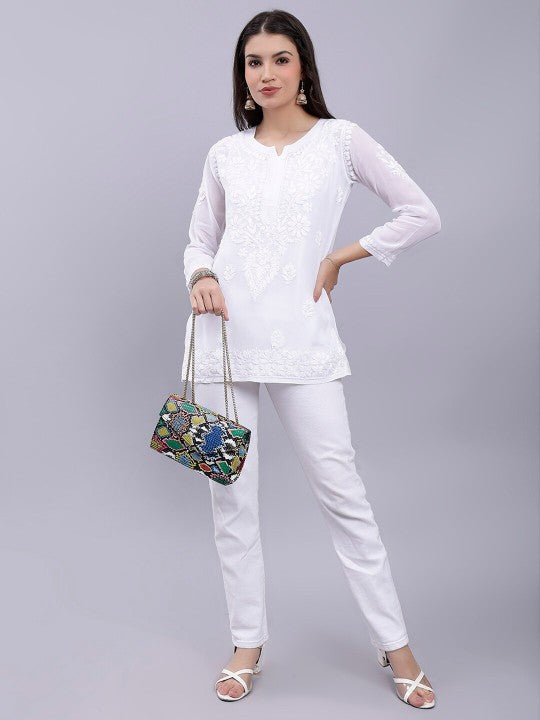 Women's Premium White Modal Chikankari Short Kurti