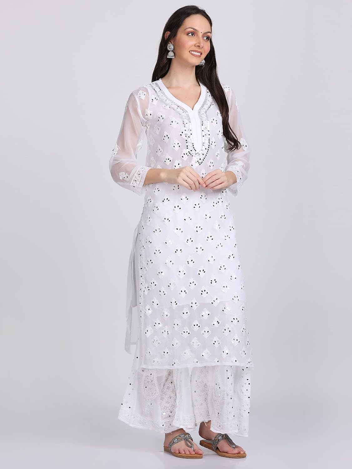 Chiffon Georgette Dyed Real Pasted Mirror Work Kurti, Sharara & Dupatta Set With Free Matching Cotton Inner
