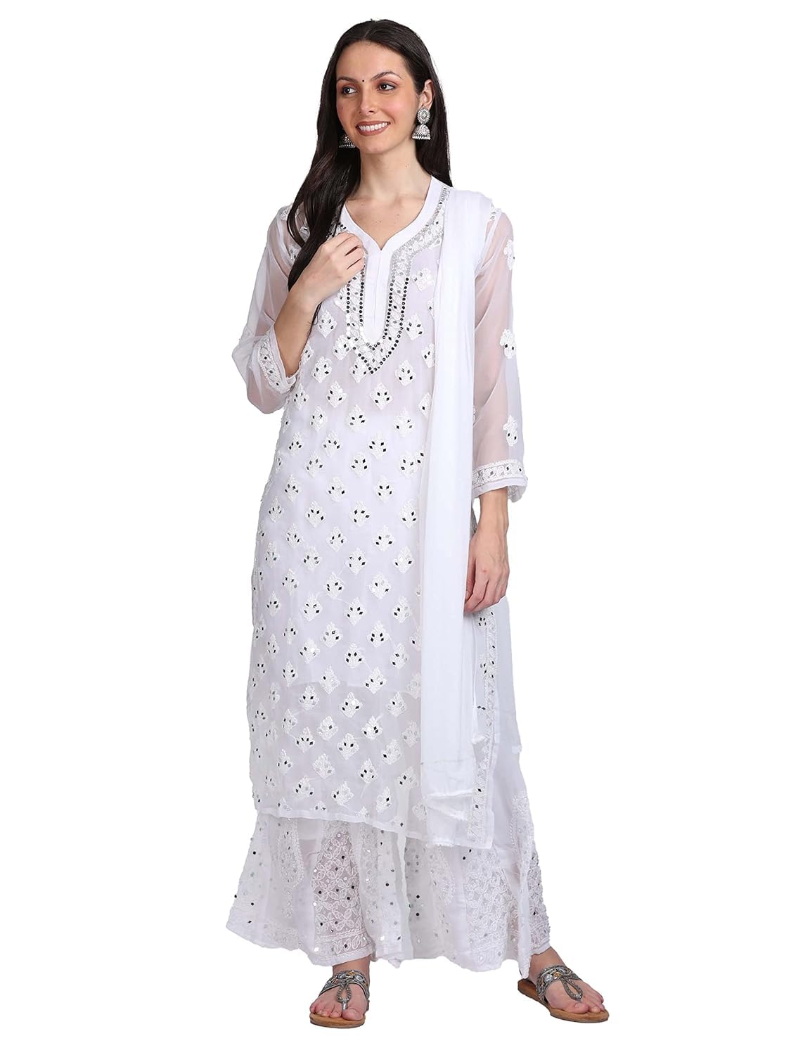 Chiffon Georgette Dyed Real Pasted Mirror Work Kurti, Sharara & Dupatta Set With Free Matching Cotton Inner