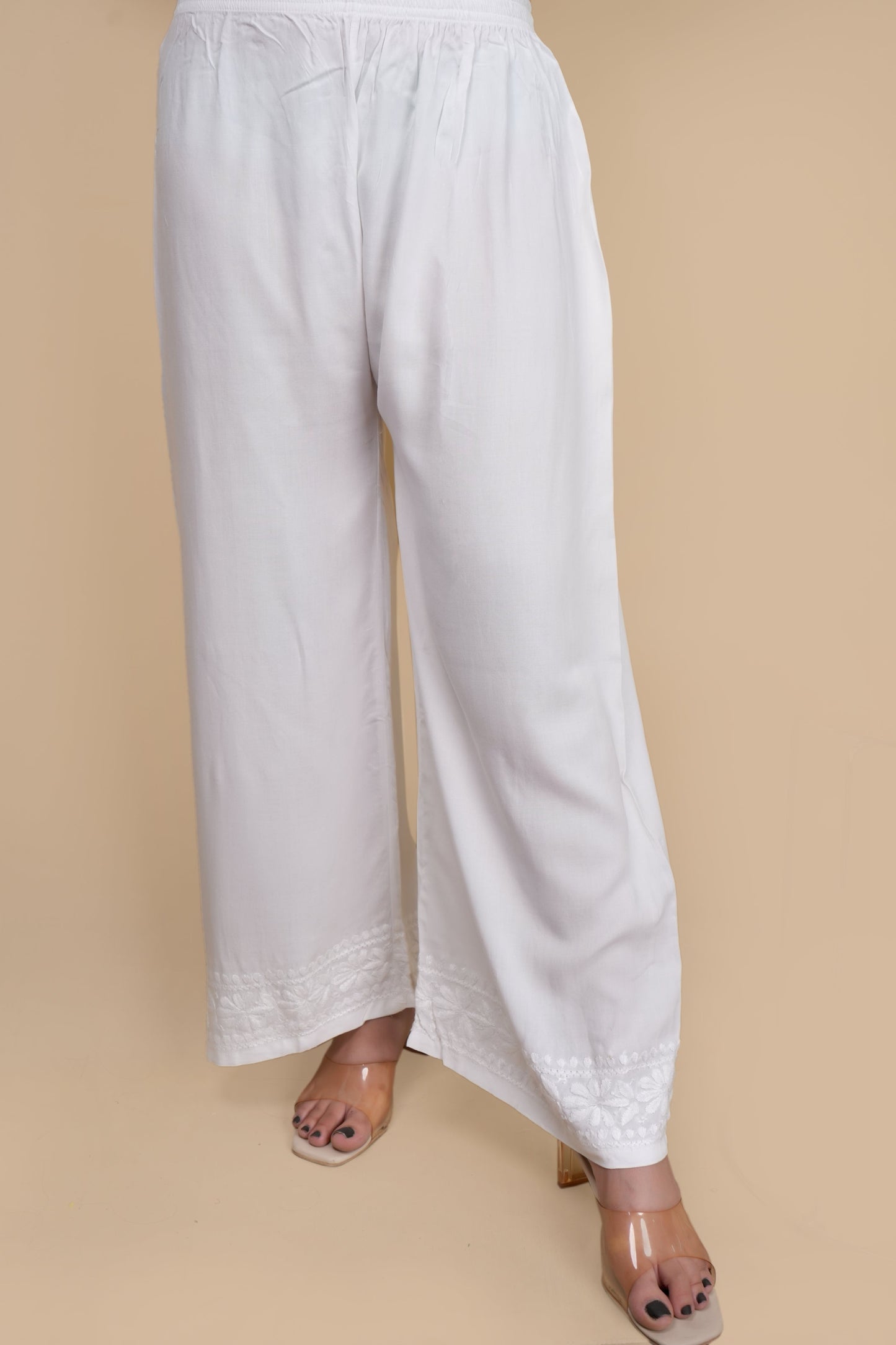 Women's Exclusive White Straight Rayon Lucknowi Chikankari Kurti & Palazzo Set.