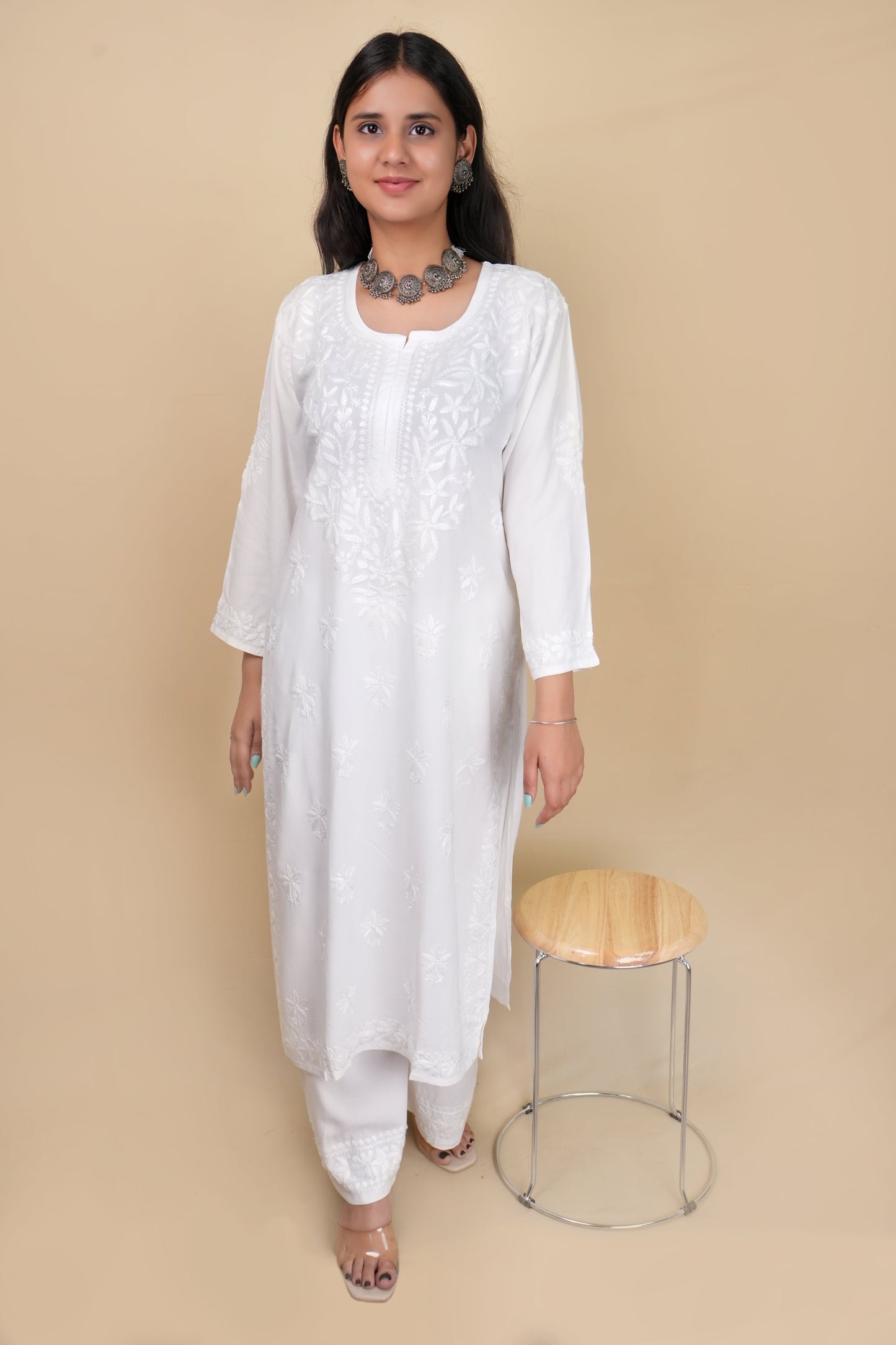 Women's Exclusive Dyed Straight Rayon Lucknowi Chikankari Kurti & Palazzo Set.