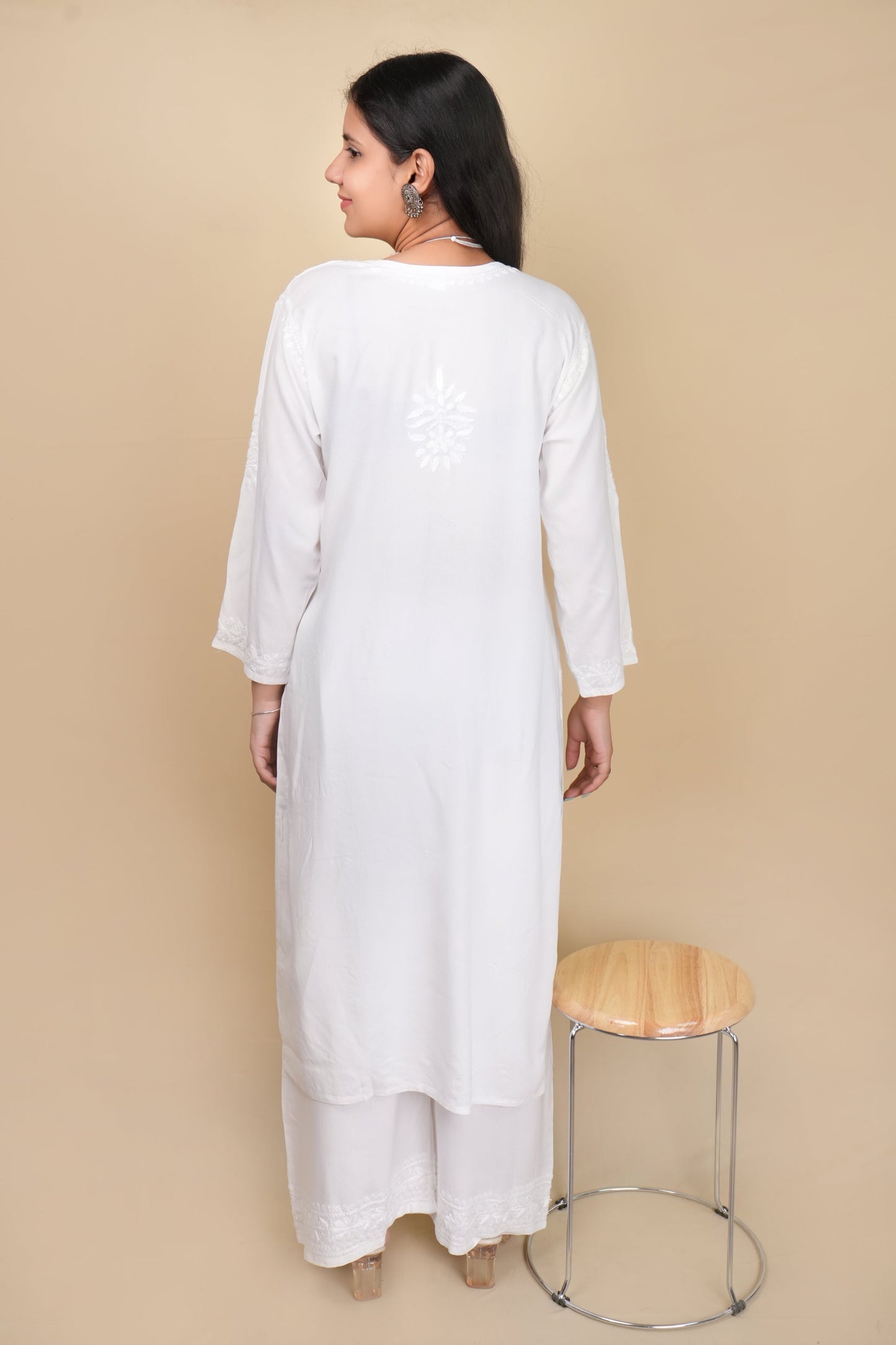 Women's Exclusive Dyed Straight Rayon Lucknowi Chikankari Kurti & Palazzo Set.