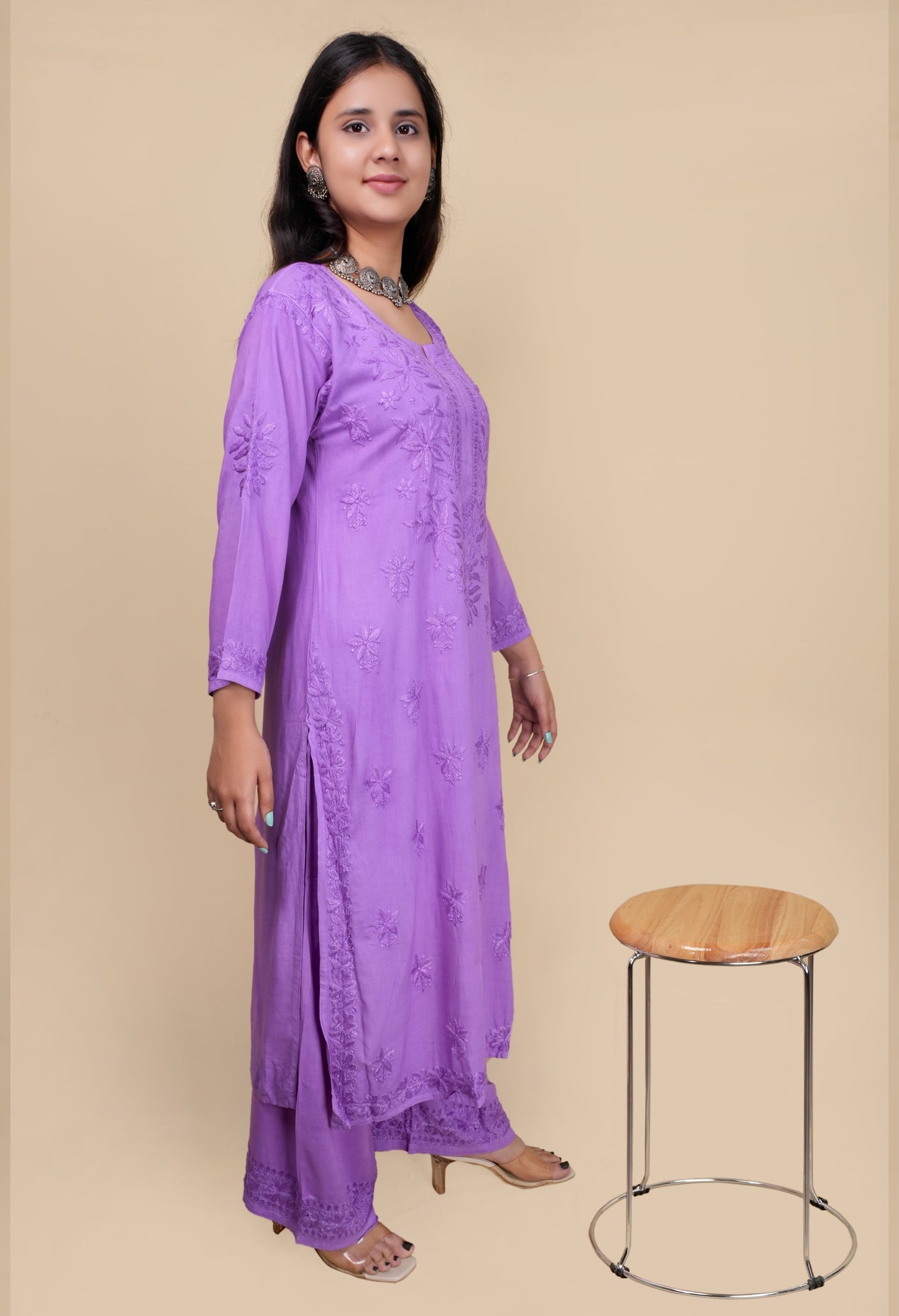 Women's Exclusive Dyed Straight Rayon Lucknowi Chikankari Kurti & Palazzo Set.