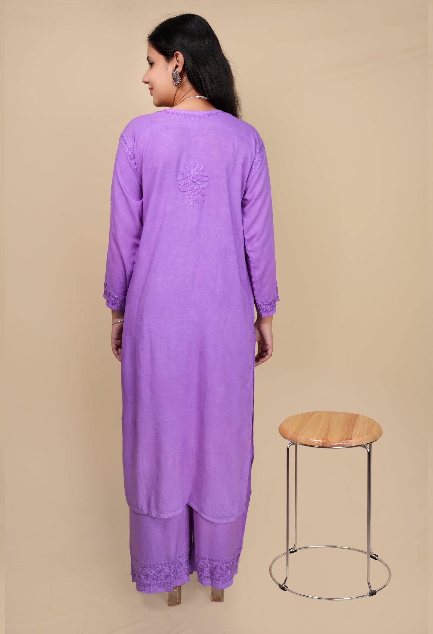 Women's Exclusive Dyed Straight Rayon Lucknowi Chikankari Kurti & Palazzo Set.