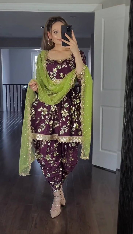 Coffee and Pista Colour Dupatta New Designer Party Wear Look Top Dhoti and Dupatta Set