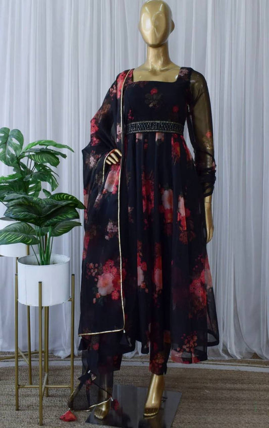 Black Organza Printed Anarkali Kurti With Pant and Dupatta Set