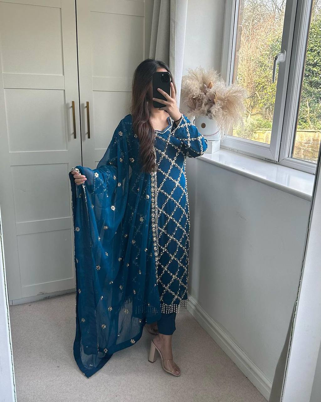 *DESIRABLE FANCY FAUX GEORGETTE SEQUENCE EMBROIDERED WORK TOP AND PENT WITH DUPATTA*