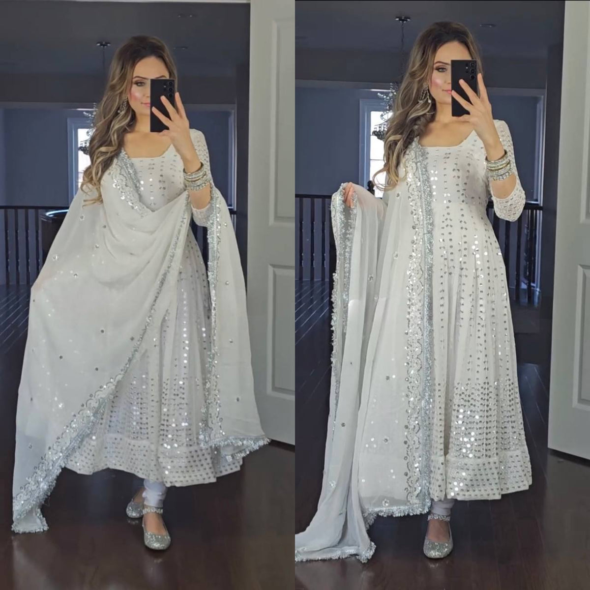 White Faux Blooming With 9mm Sequins Embroidered Gown With Dupatta