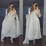 White Faux Blooming With 9mm Sequins Embroidered Gown With Dupatta