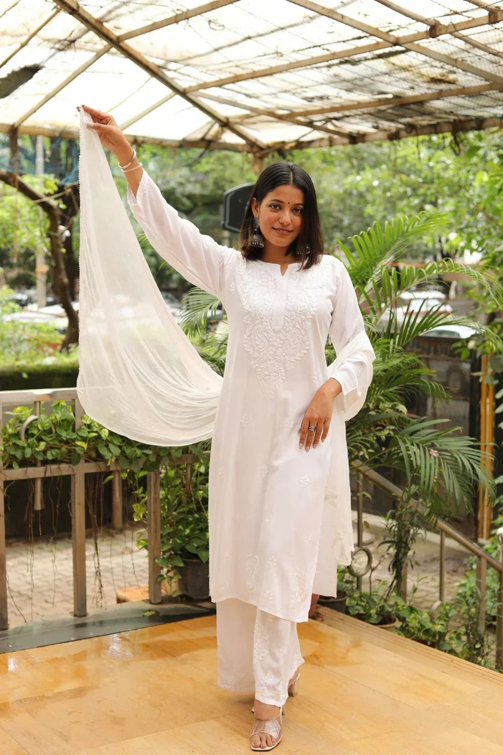 Ombre Dyed Shaded Rayon Lucknowi Chikankari Kurti, Palazzo and Dupatta Set.