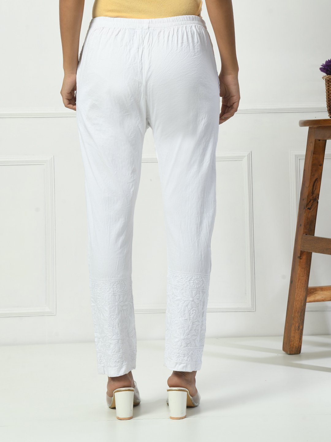 Women's Chikankari Stretchable Cotton Lycra Pants with Both Side Pockets – Stylish & Comfortable