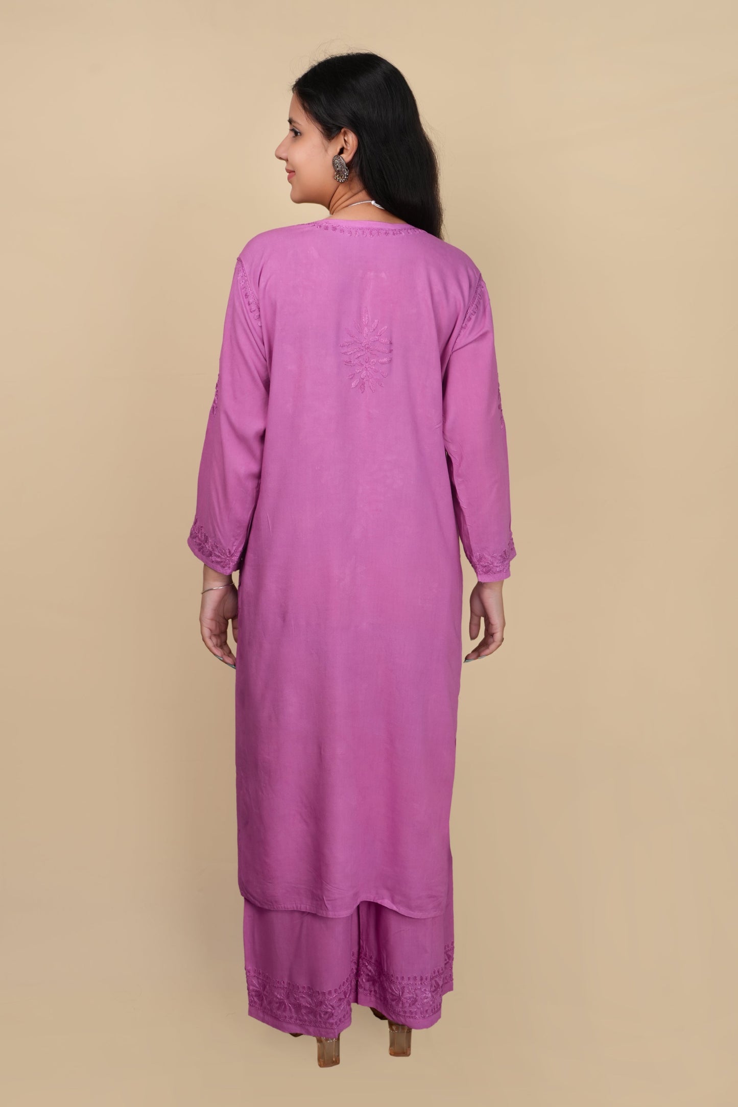 Women's Exclusive Dyed Straight Rayon Lucknowi Chikankari Kurti & Palazzo Set.