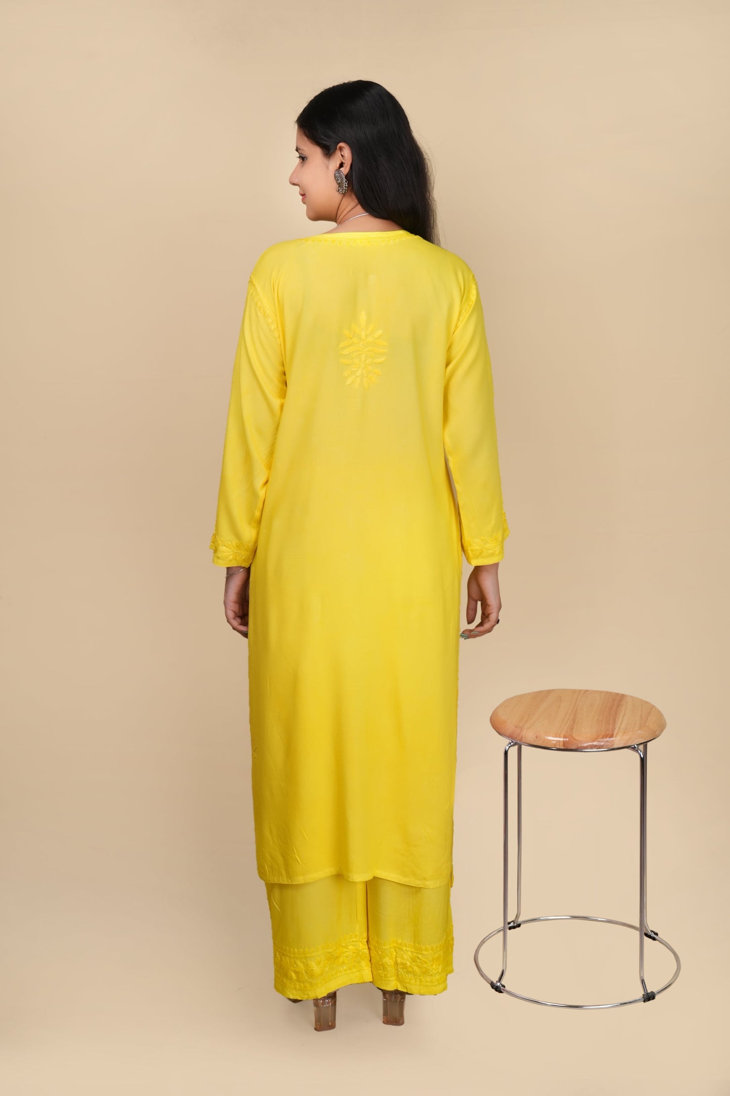 Women's Exclusive Dyed Straight Rayon Lucknowi Chikankari Kurti & Palazzo Set.